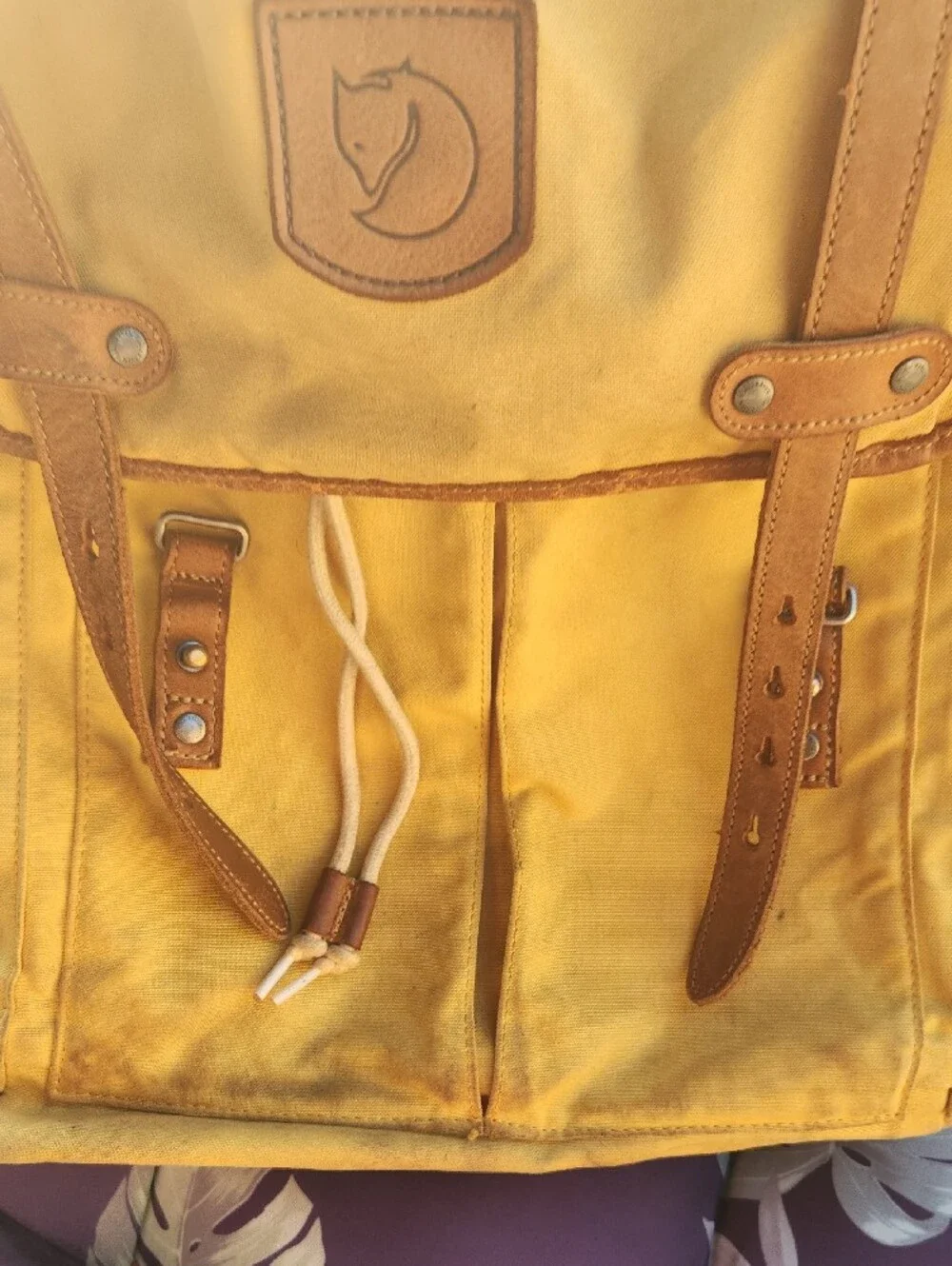 Yellow Canvas Backpack with Brown Leather Trim